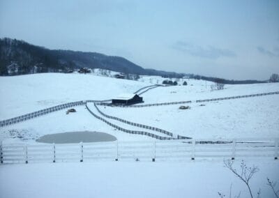 Snow covering the pastures of Bent Creek Farm.